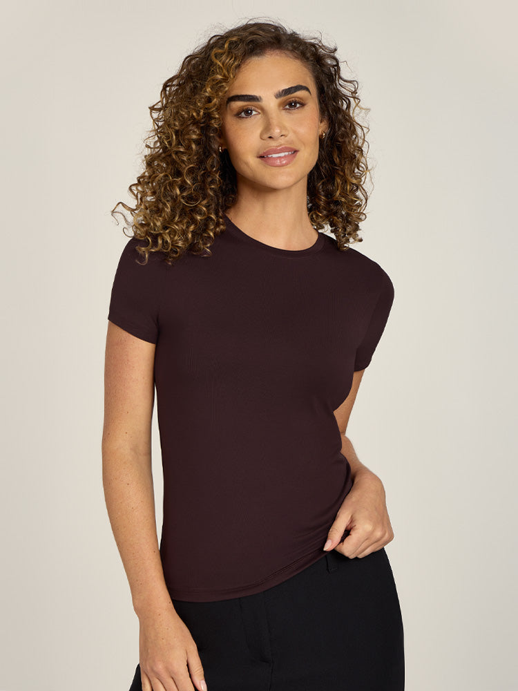 Women wearing Espresso Second Skin Crew Tee