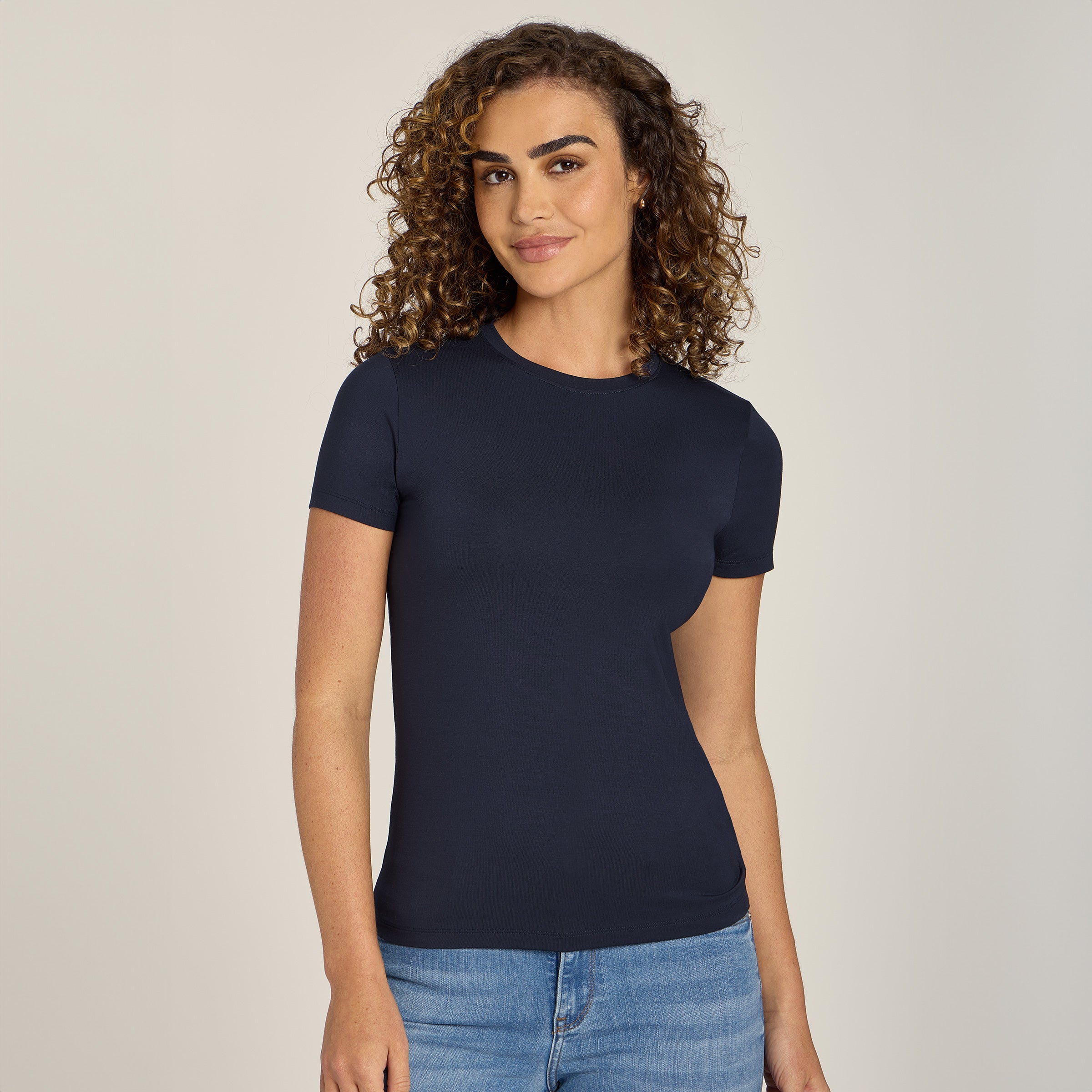 Women wearing Navy Second Skin Crew Tee