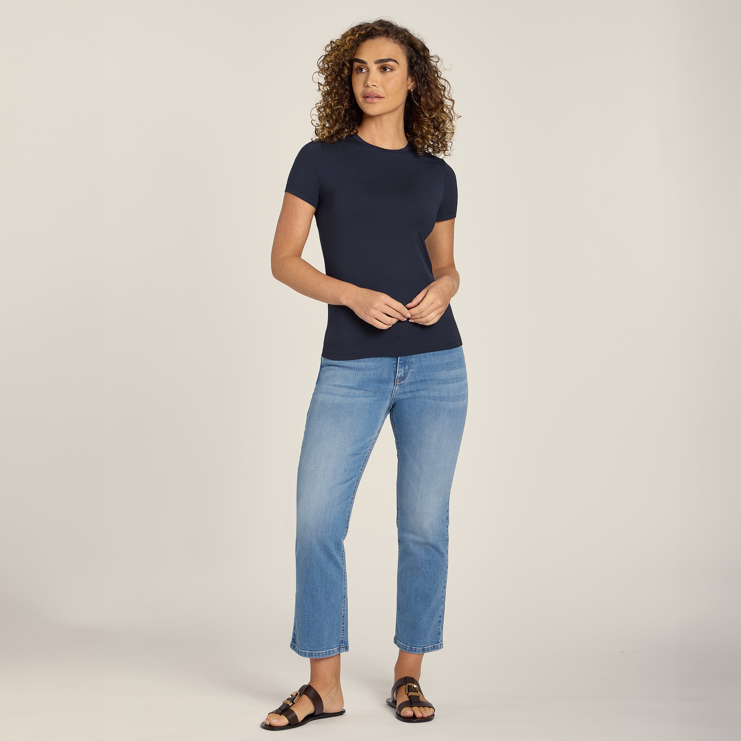 Women wearing Navy Second Skin Crew Tee