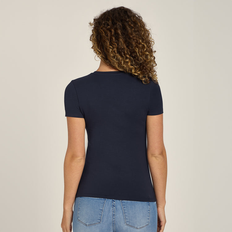Women wearing Navy Second Skin Crew Tee