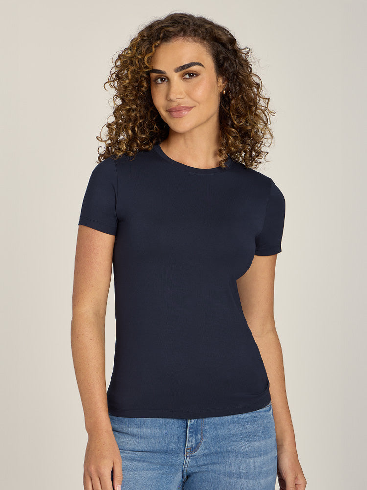 Women wearing Navy Second Skin Crew Tee