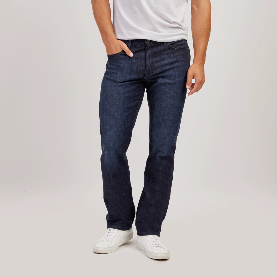Mott & Bow dark blue straight fit jeans shown from the front