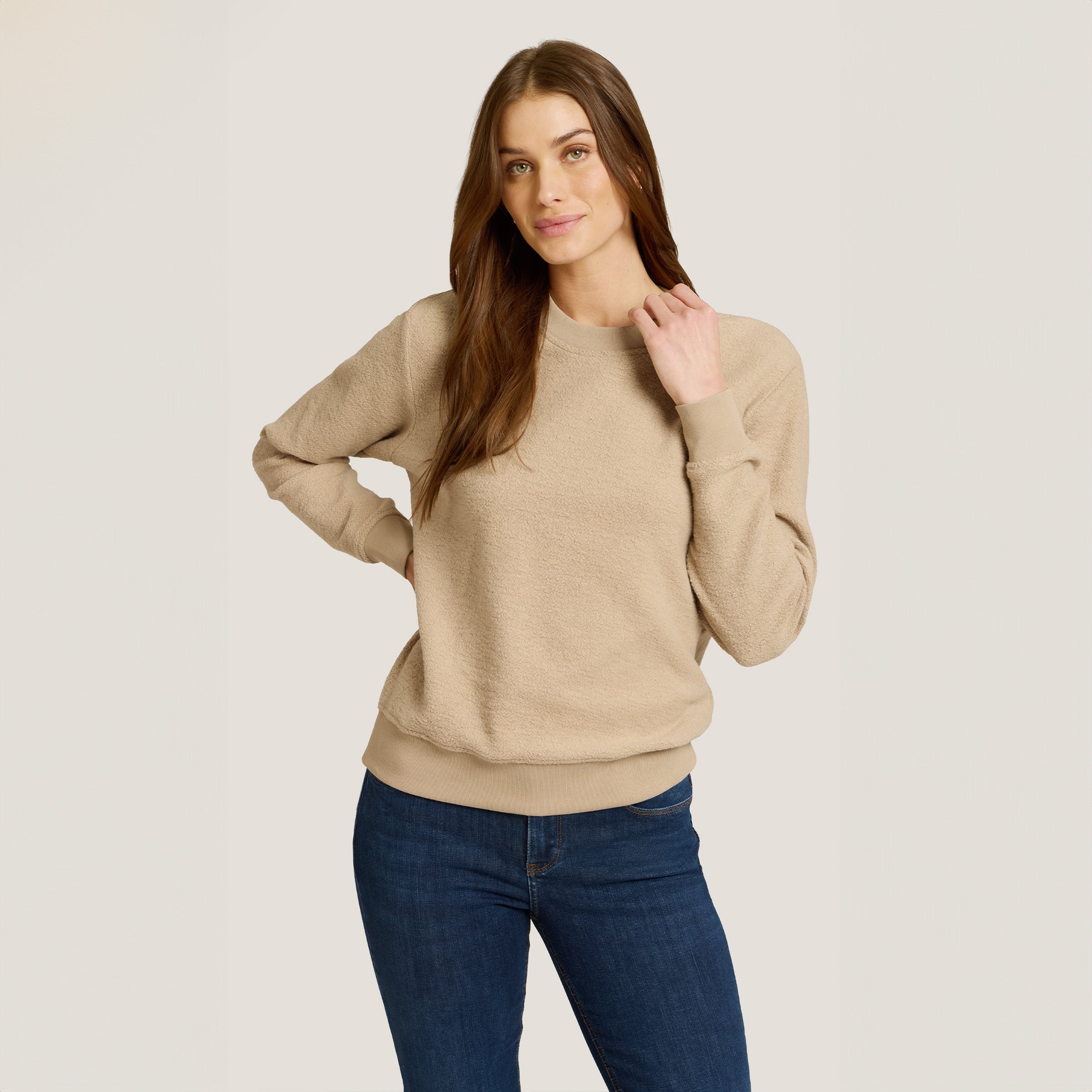 Women wearing Caramel Crew Neck Fleece Sweatshirt