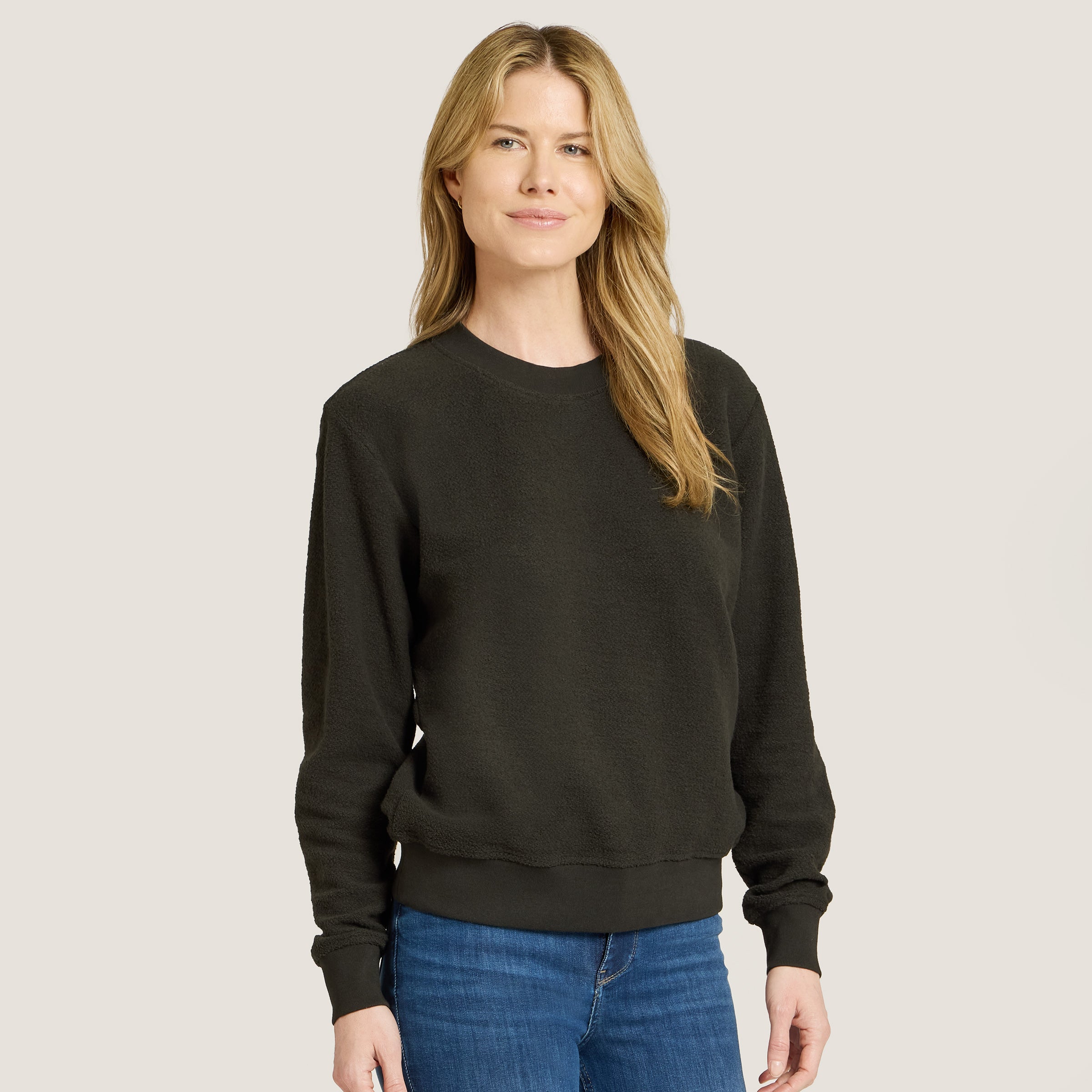 Women wearing Faded Black Crew Neck Fleece Sweatshirt