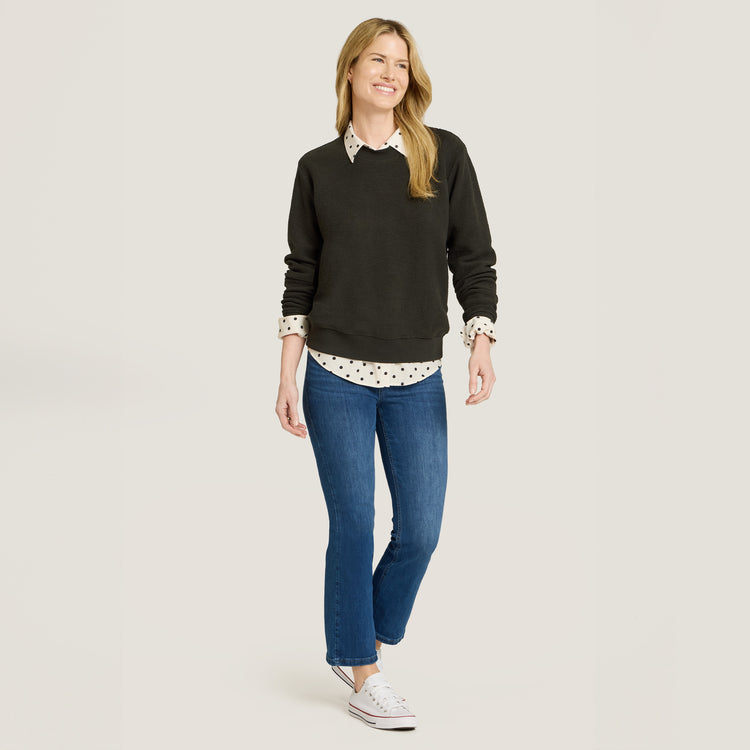 Women wearing Faded Black Crew Neck Fleece Sweatshirt