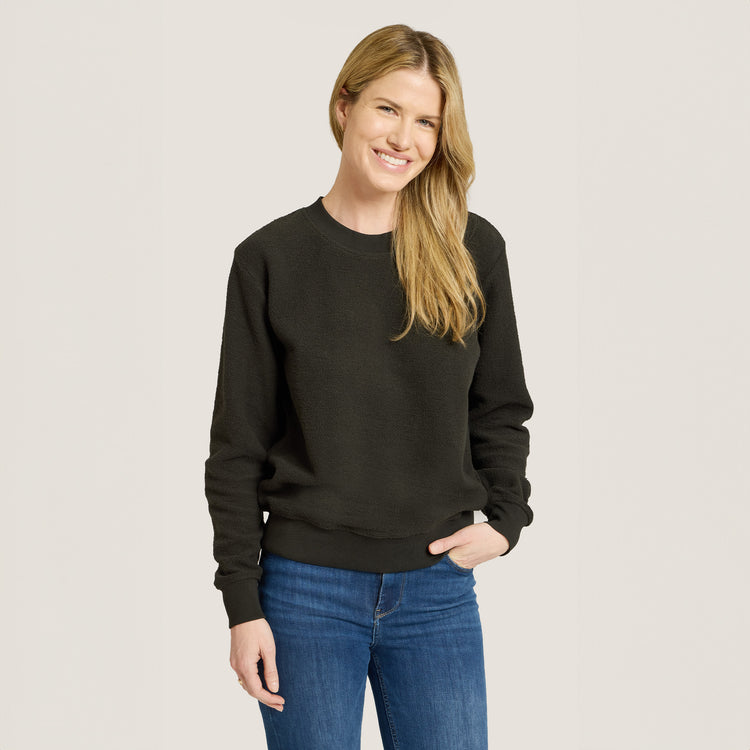 Women wearing Faded Black Crew Neck Fleece Sweatshirt