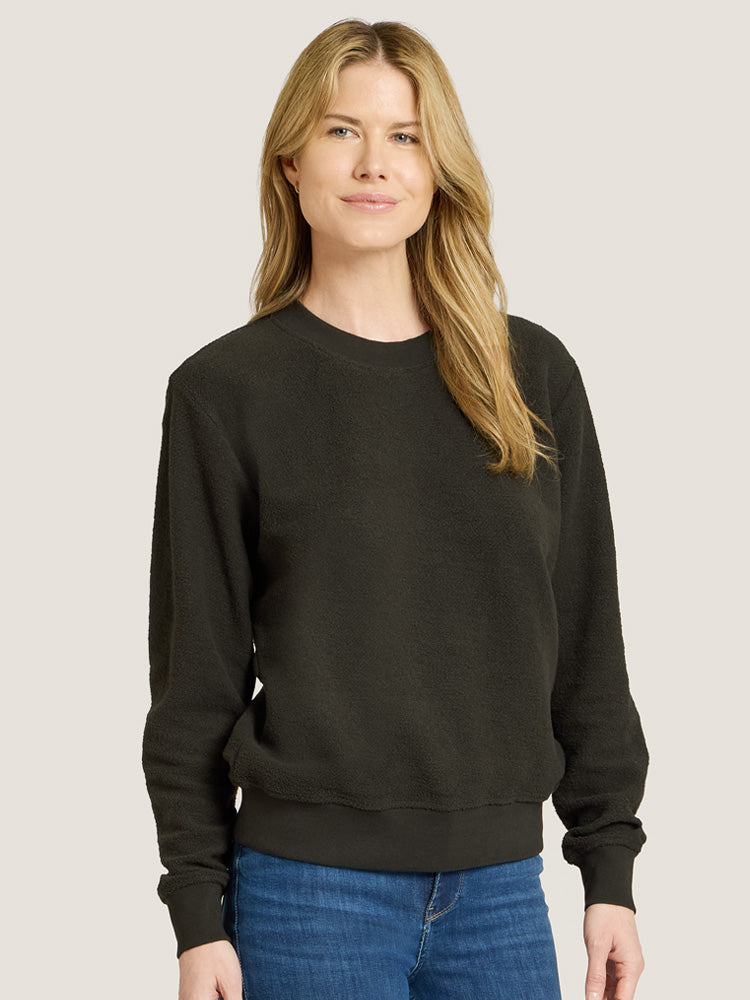Women wearing Faded Black Crew Neck Fleece Sweatshirt