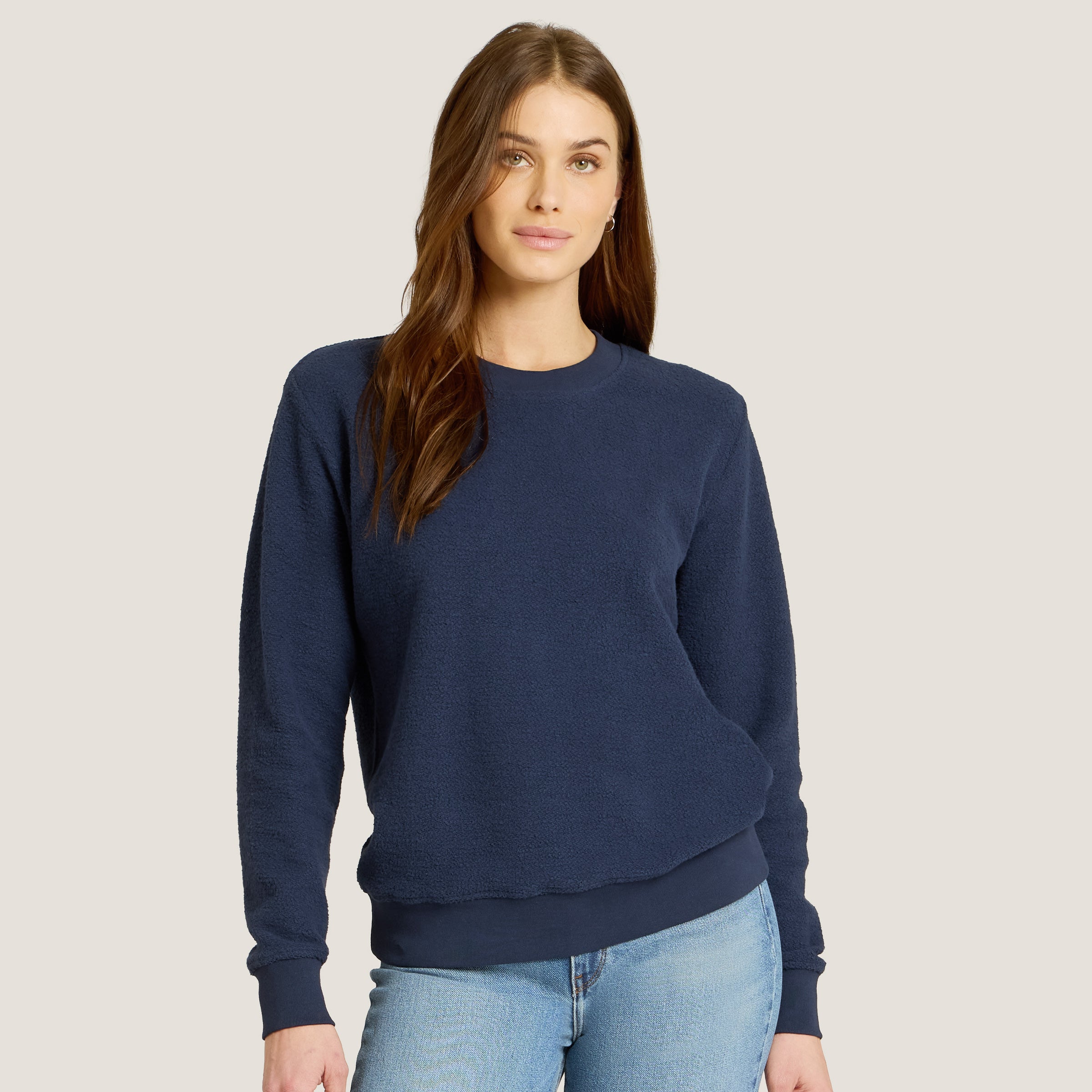 Women wearing Soft Navy Crew Neck Fleece Sweatshirt