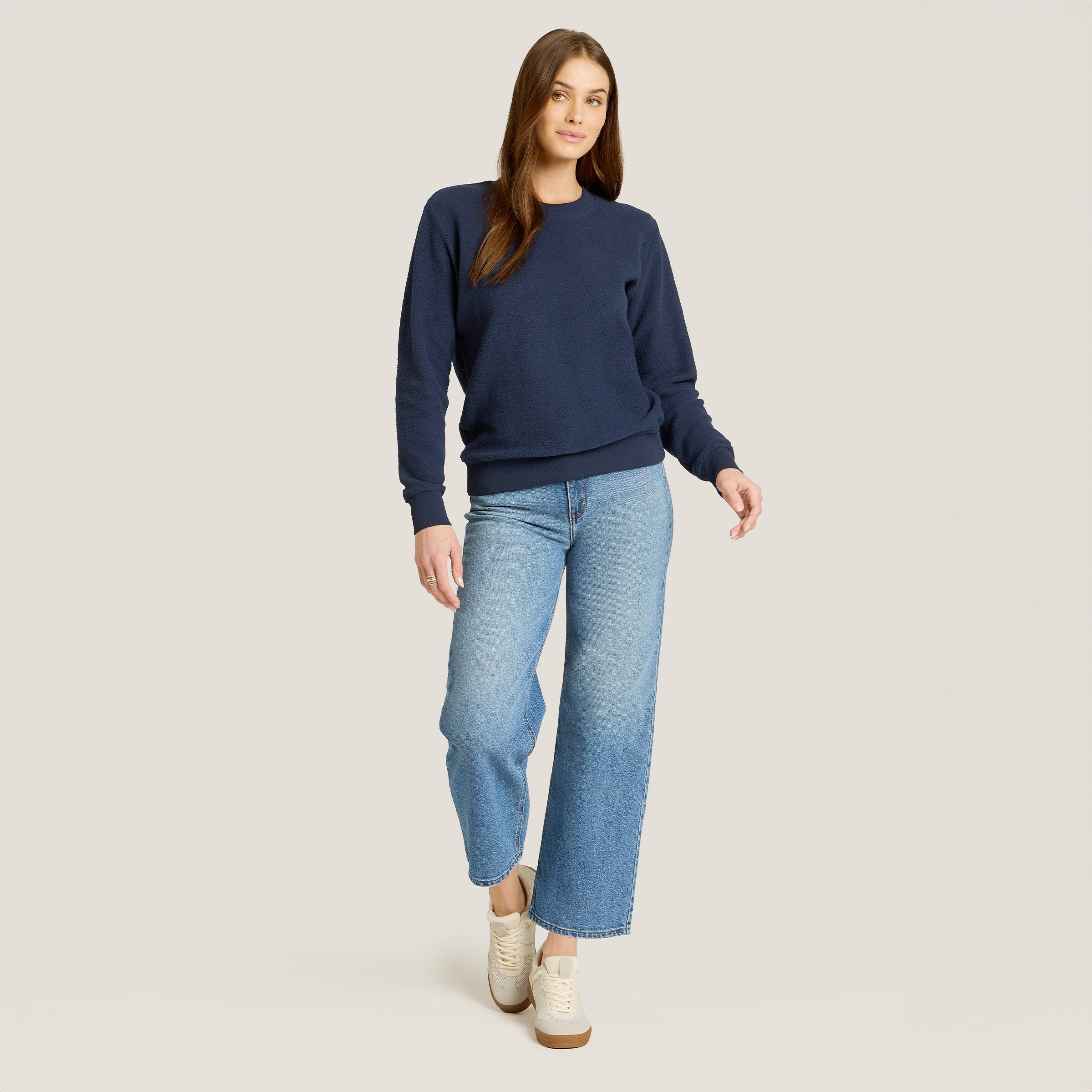 Women wearing Soft Navy Crew Neck Fleece Sweatshirt