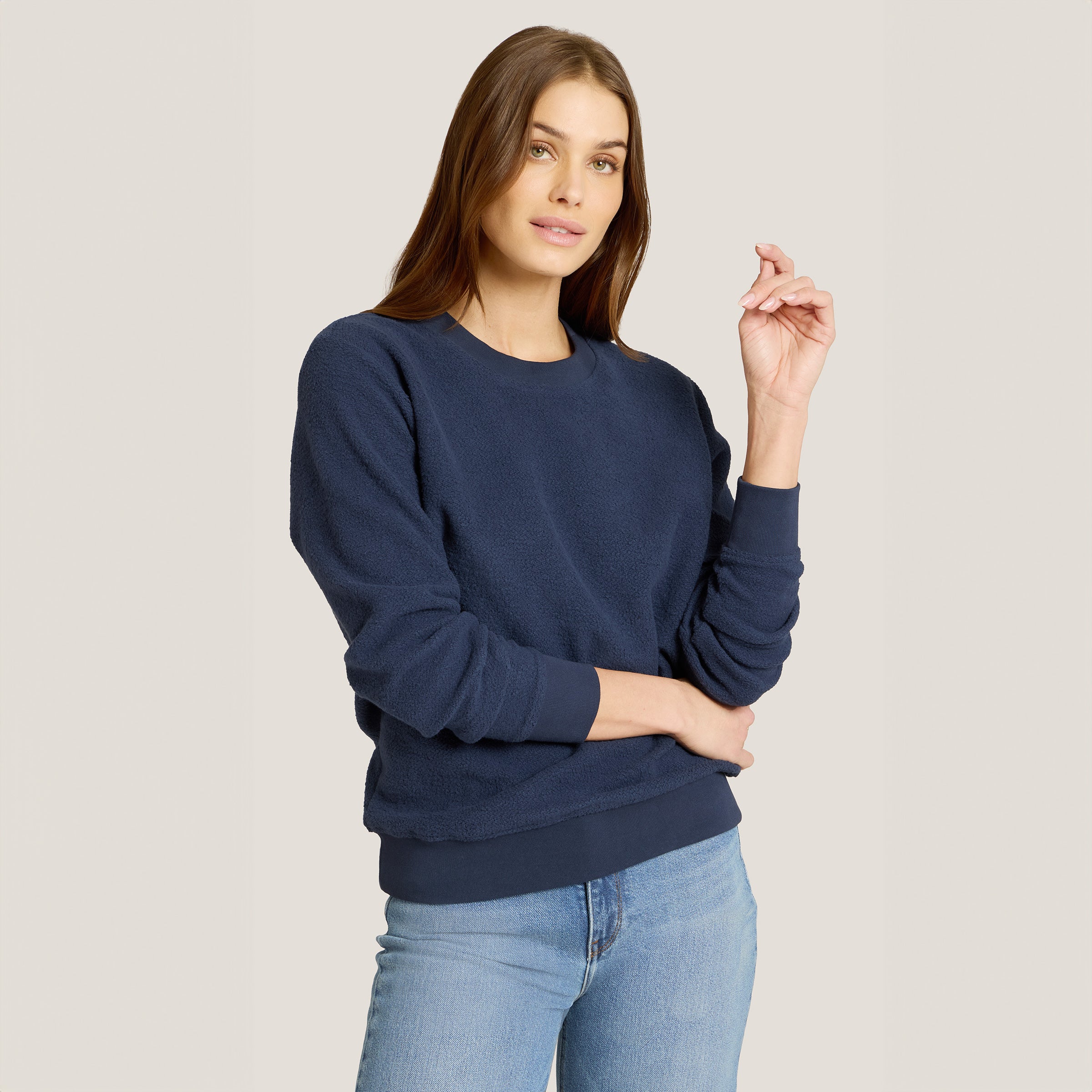 Women wearing Soft Navy Crew Neck Fleece Sweatshirt