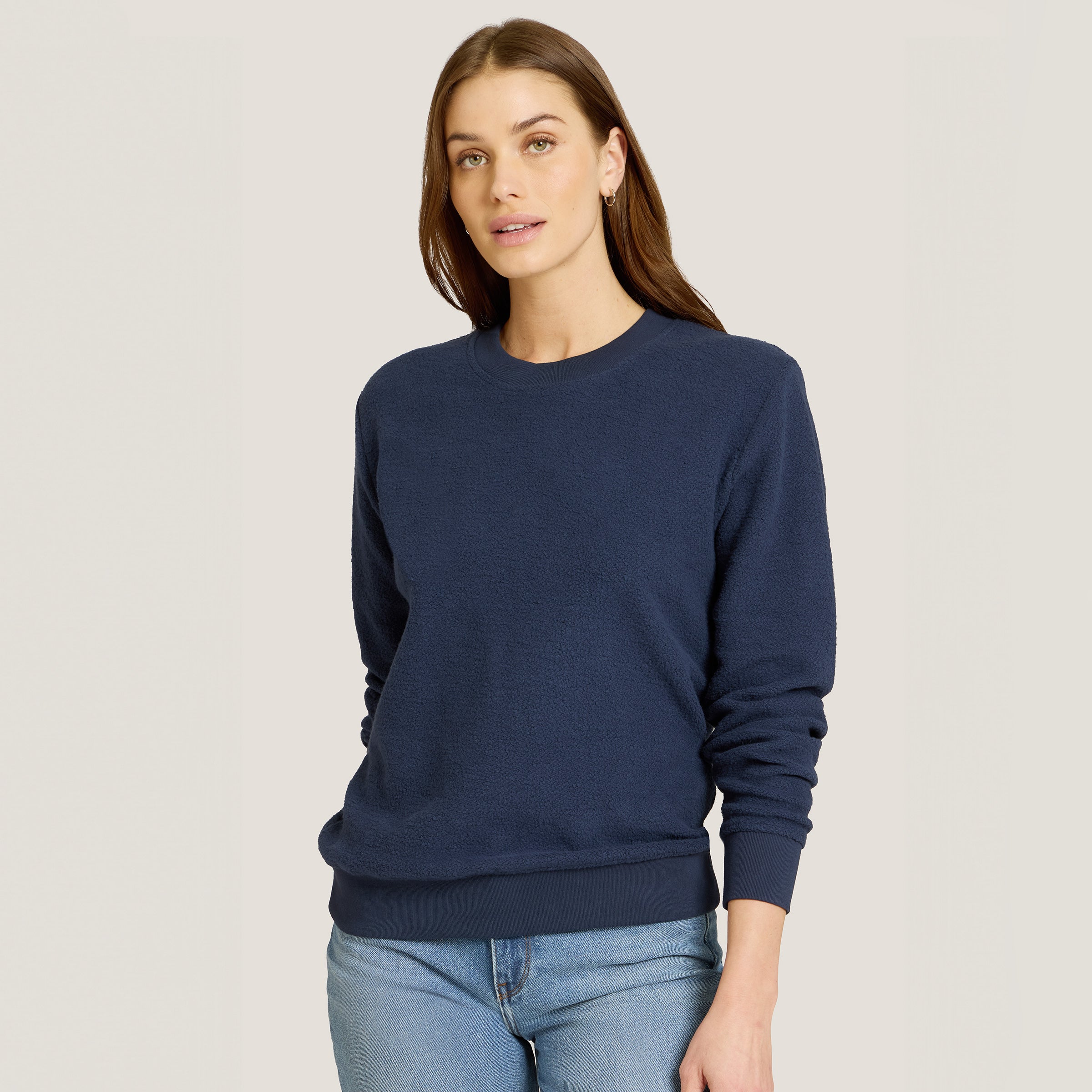 Women wearing Soft Navy Crew Neck Fleece Sweatshirt