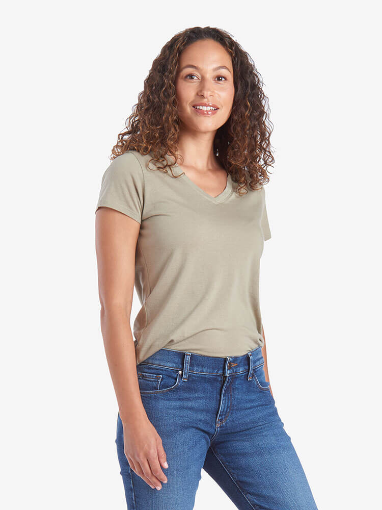 Women wearing Olive Fitted V-Neck Marcy Tee