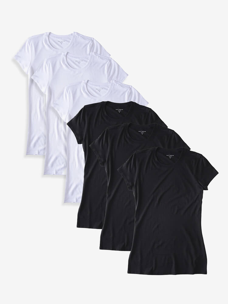 Women wearing Blanco/Negro Fitted Crew Marcy 6-Pack tees