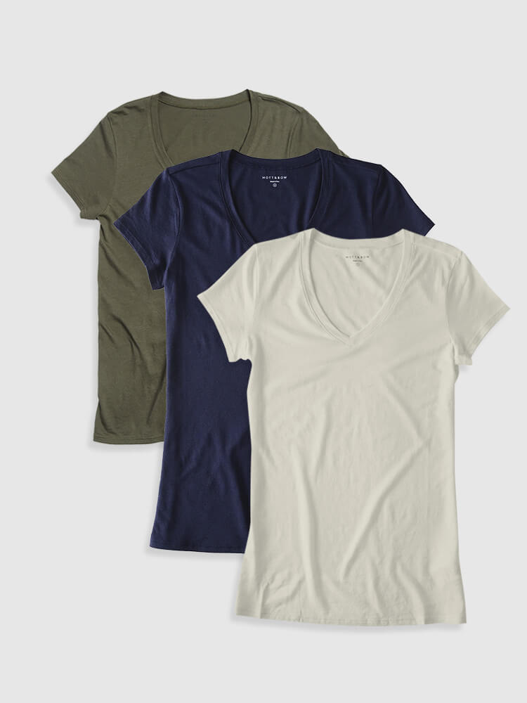 Women wearing Military Green/Navy/Vintage White Fitted V-Neck Marcy 3-Pack