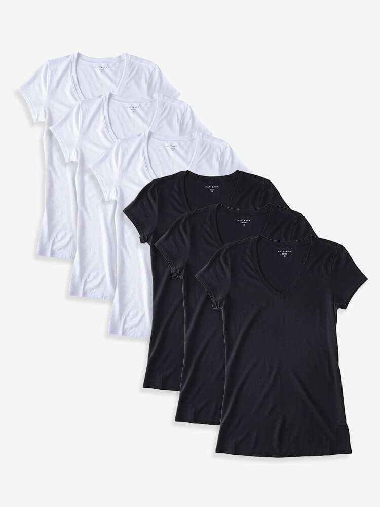 Women wearing Blanc/Noir Fitted V-Neck Marcy 6-Pack tees