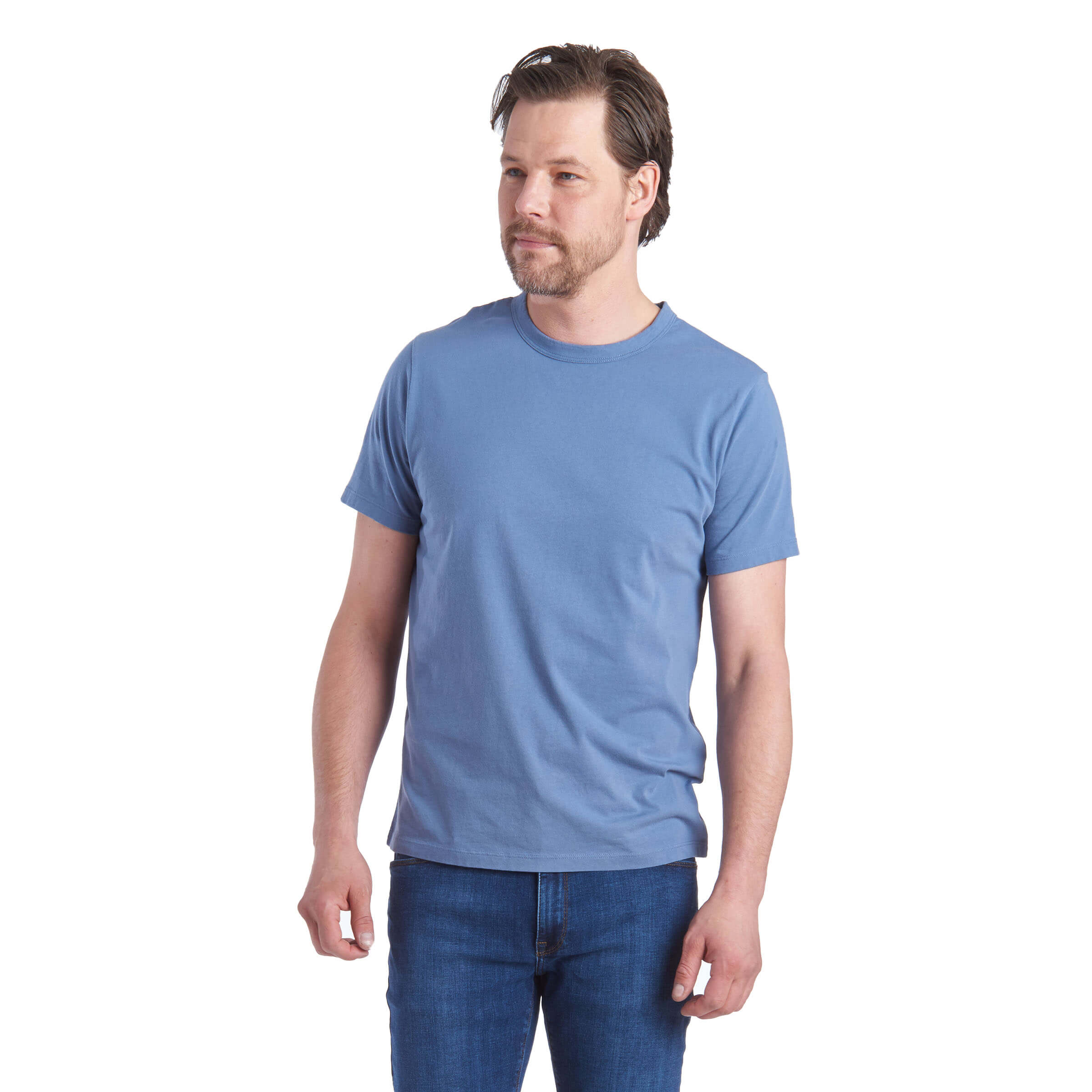 Men wearing Washed Blue Classic Crew Driggs Tee