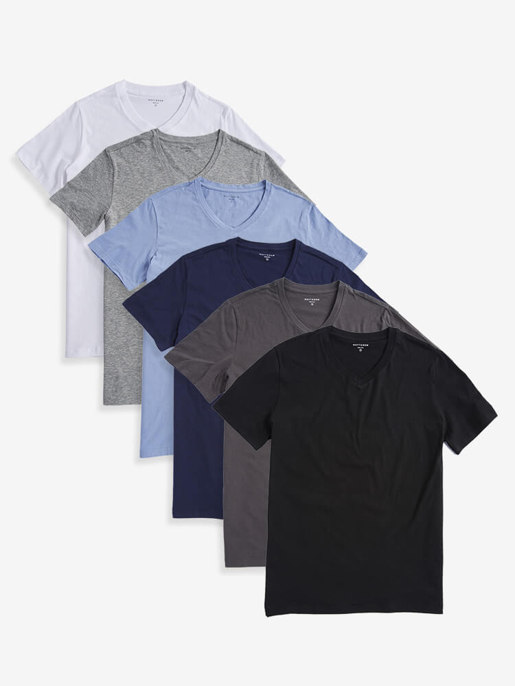 Men wearing White/Heather Gray/California Blue/Navy/Dark Gray/Black Classic V-Neck Driggs 6-Pack tees