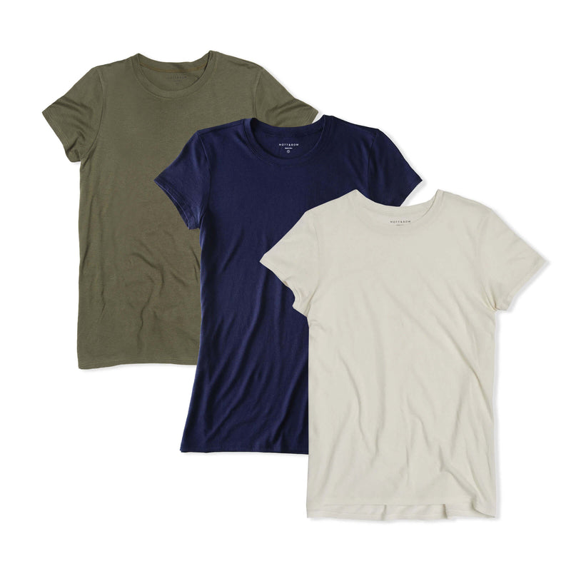 Women wearing Military Green/Navy/Vintage White Fitted Crew Marcy 3-Pack tees