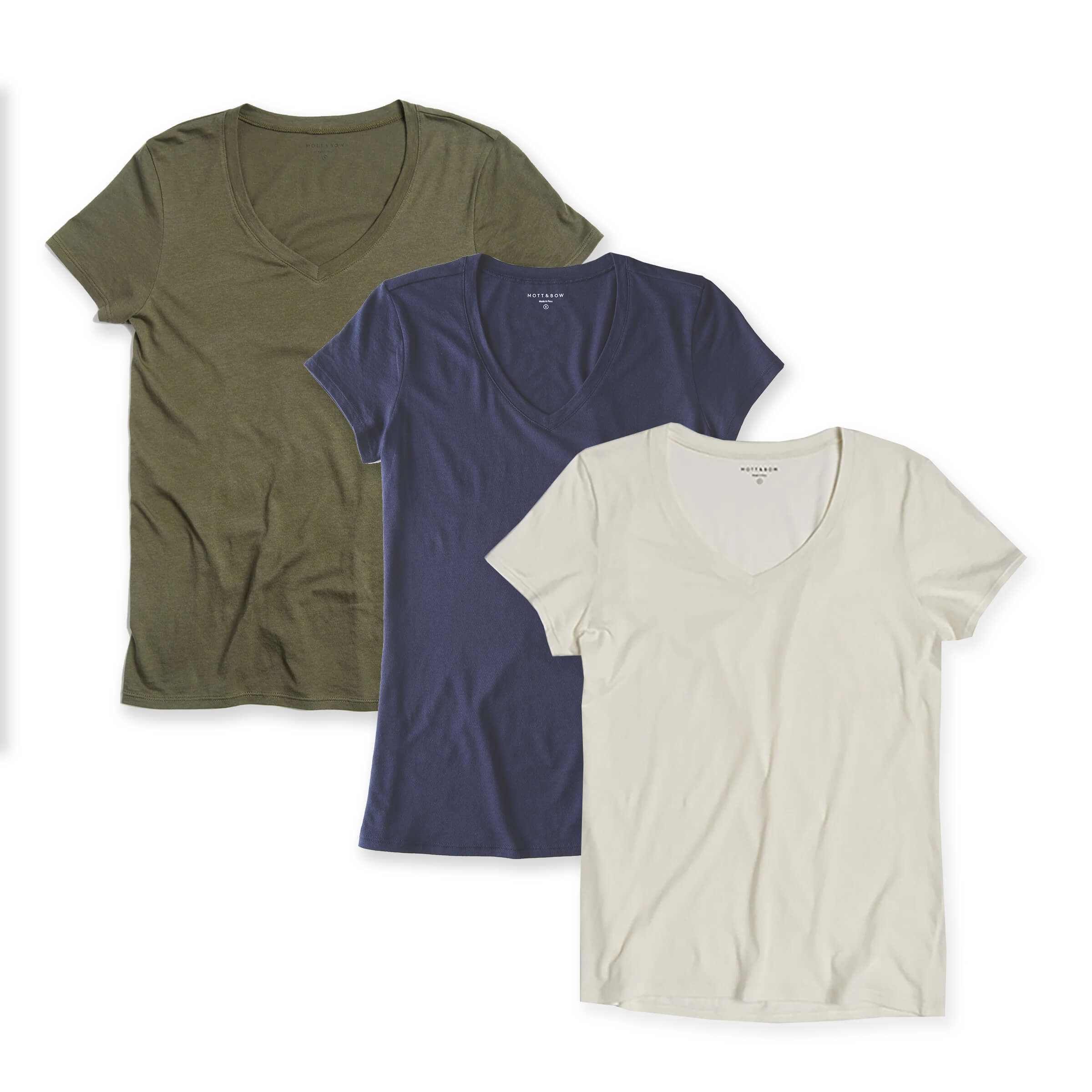 Women wearing Military Green/Navy/Vintage White Fitted V-Neck Marcy 3-Pack tees
