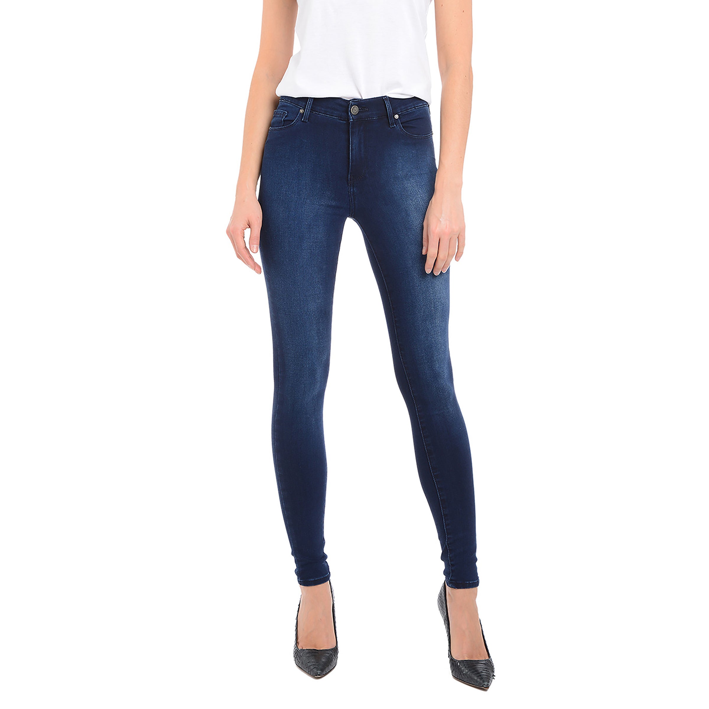 Women wearing Medium/Dark Blue High Rise Skinny Ann Jeans