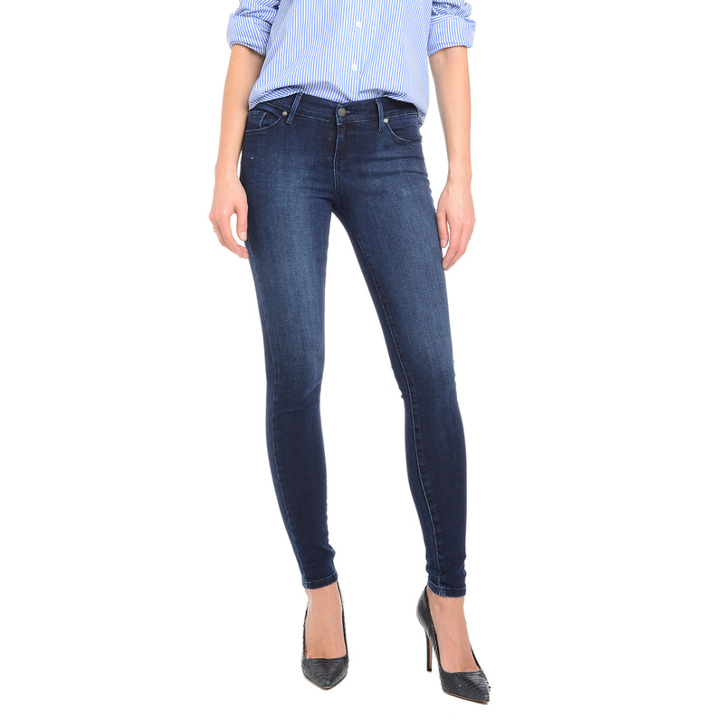Women wearing Medium/Dark Blue Mid Rise Skinny Moore Jeans