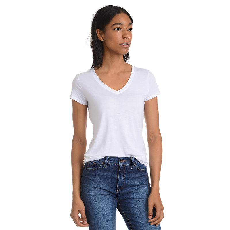 Women wearing White Fitted V-Neck Marcy Tee