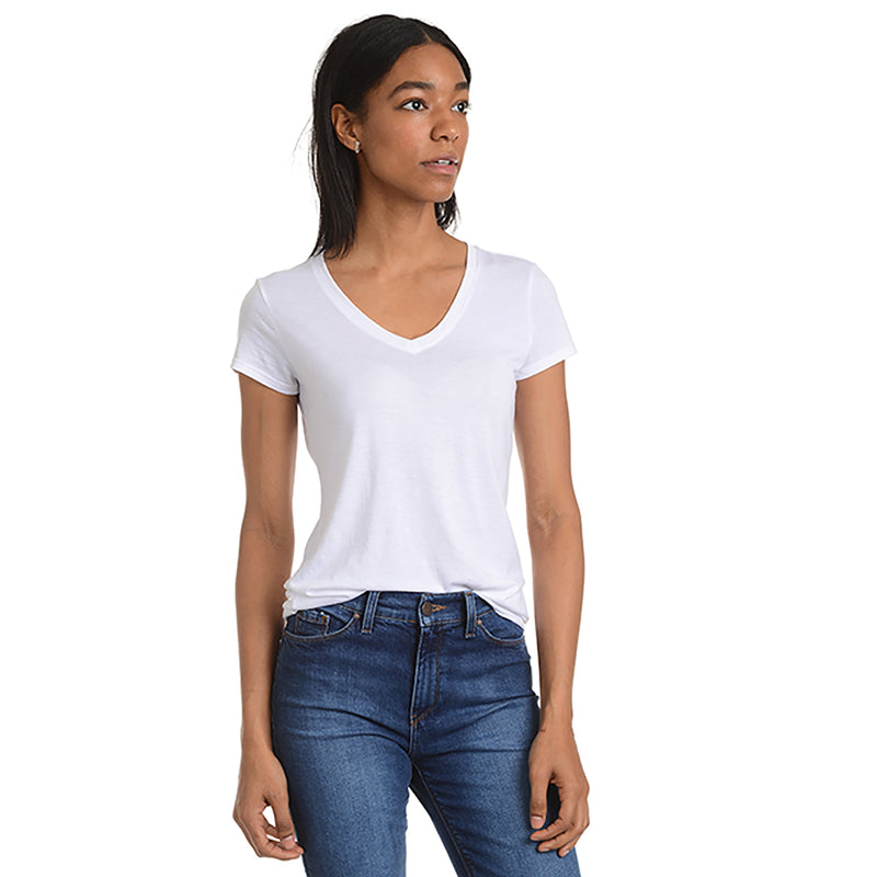Women wearing White Fitted V-Neck Marcy Tee tees