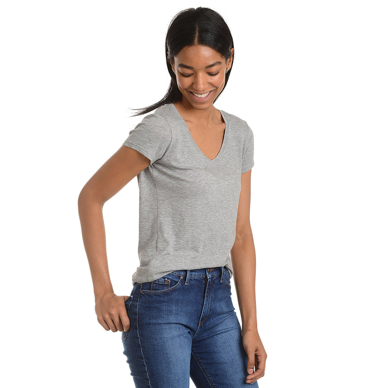 Women wearing Heather Gray Fitted V-Neck Marcy Tee