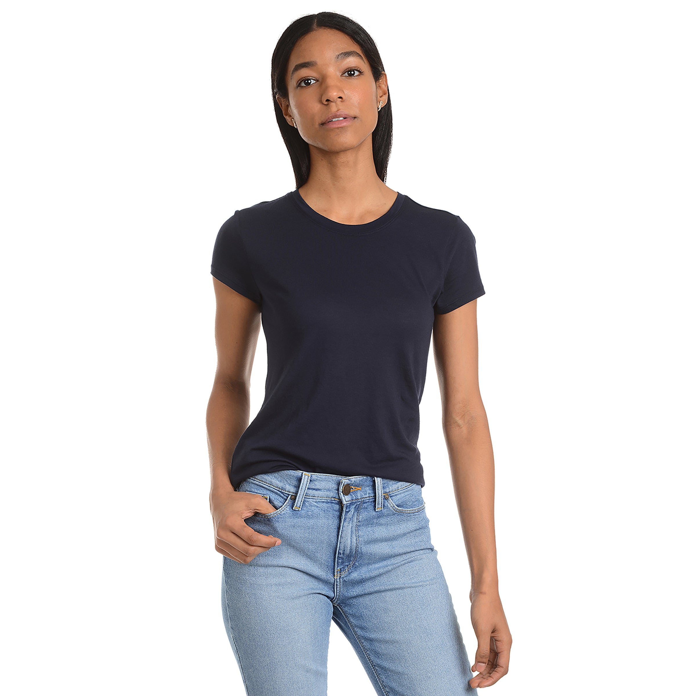 Women wearing Navy Fitted Crew Marcy Tee