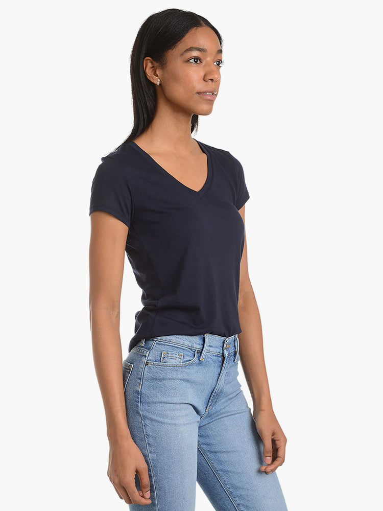 Women wearing Navy Fitted V-Neck Marcy Tee
