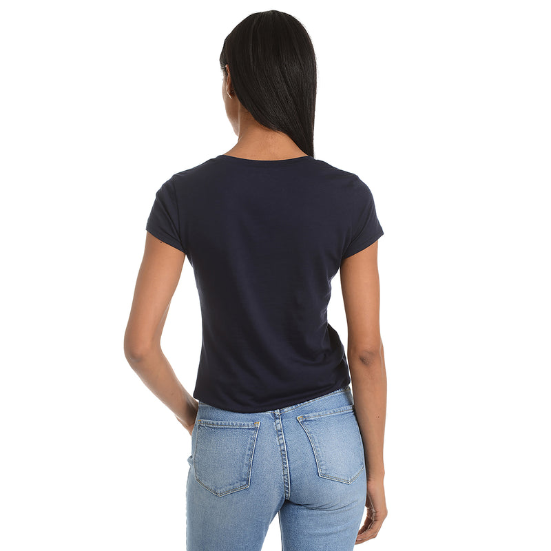 Women wearing Navy Fitted V-Neck Marcy Tee