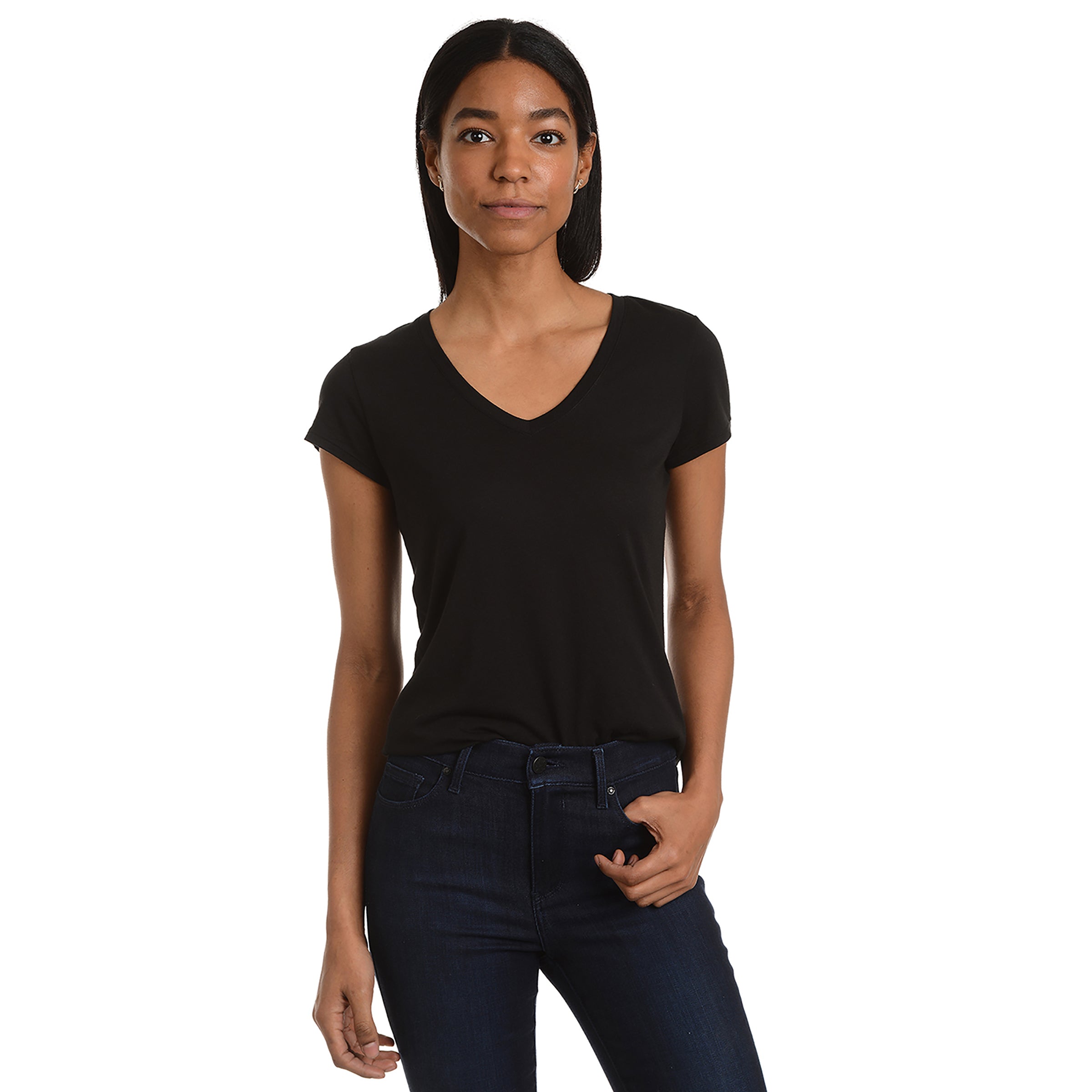 Women wearing Noir Fitted V-Neck Marcy Tee