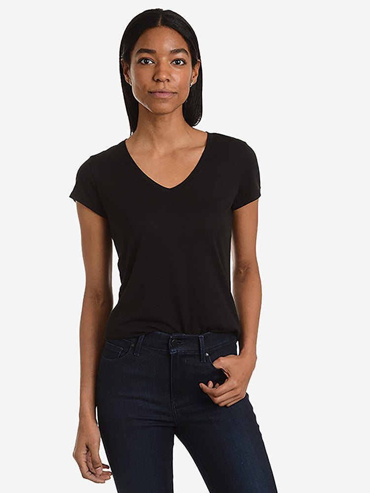 Women wearing Black Fitted V-Neck Marcy Tee