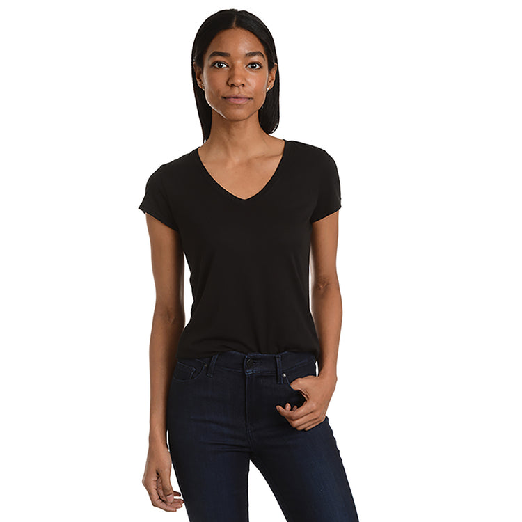 Women wearing Black Fitted V-Neck Marcy Tee