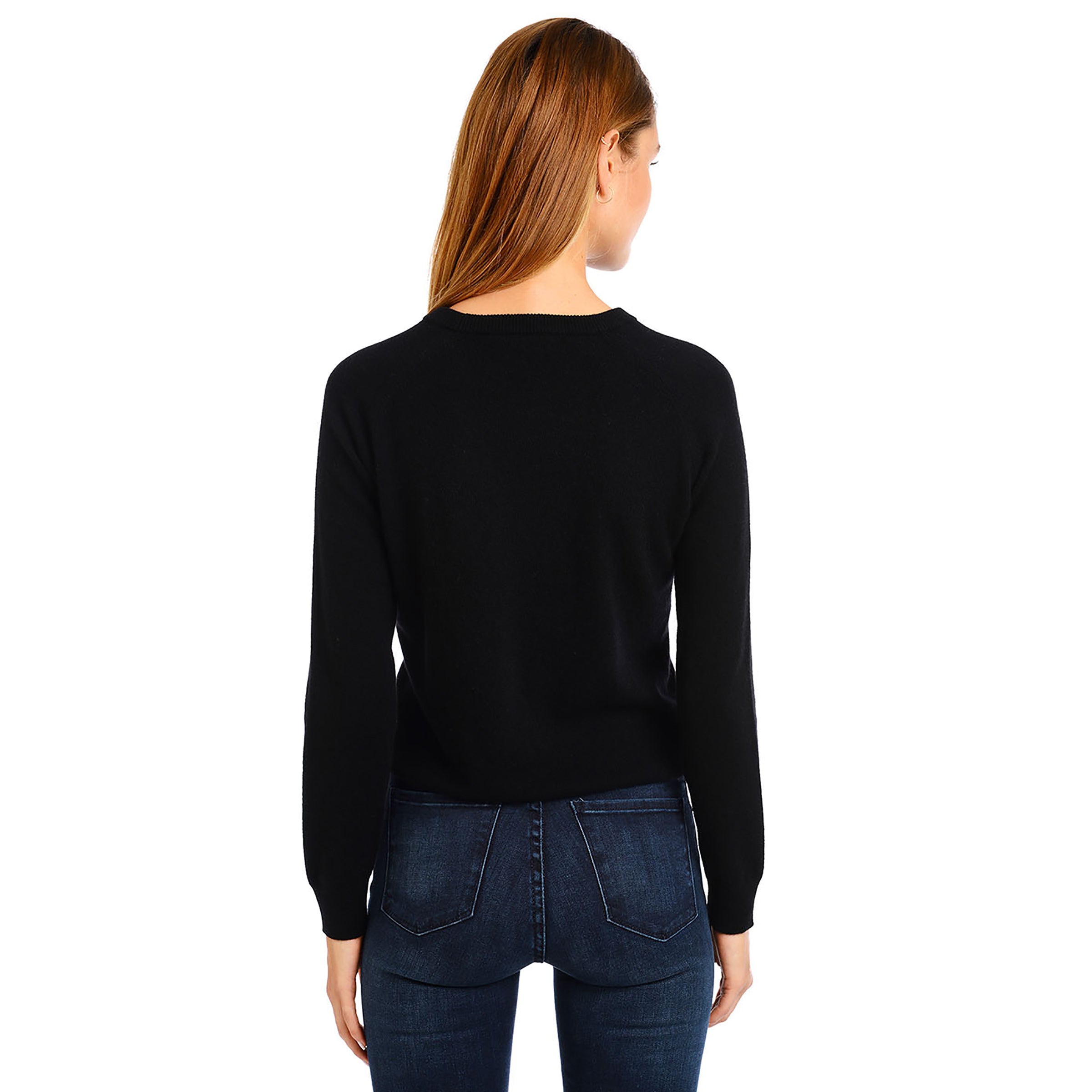 Women wearing Black Cashmere Raglan Crew Cambridge Sweater