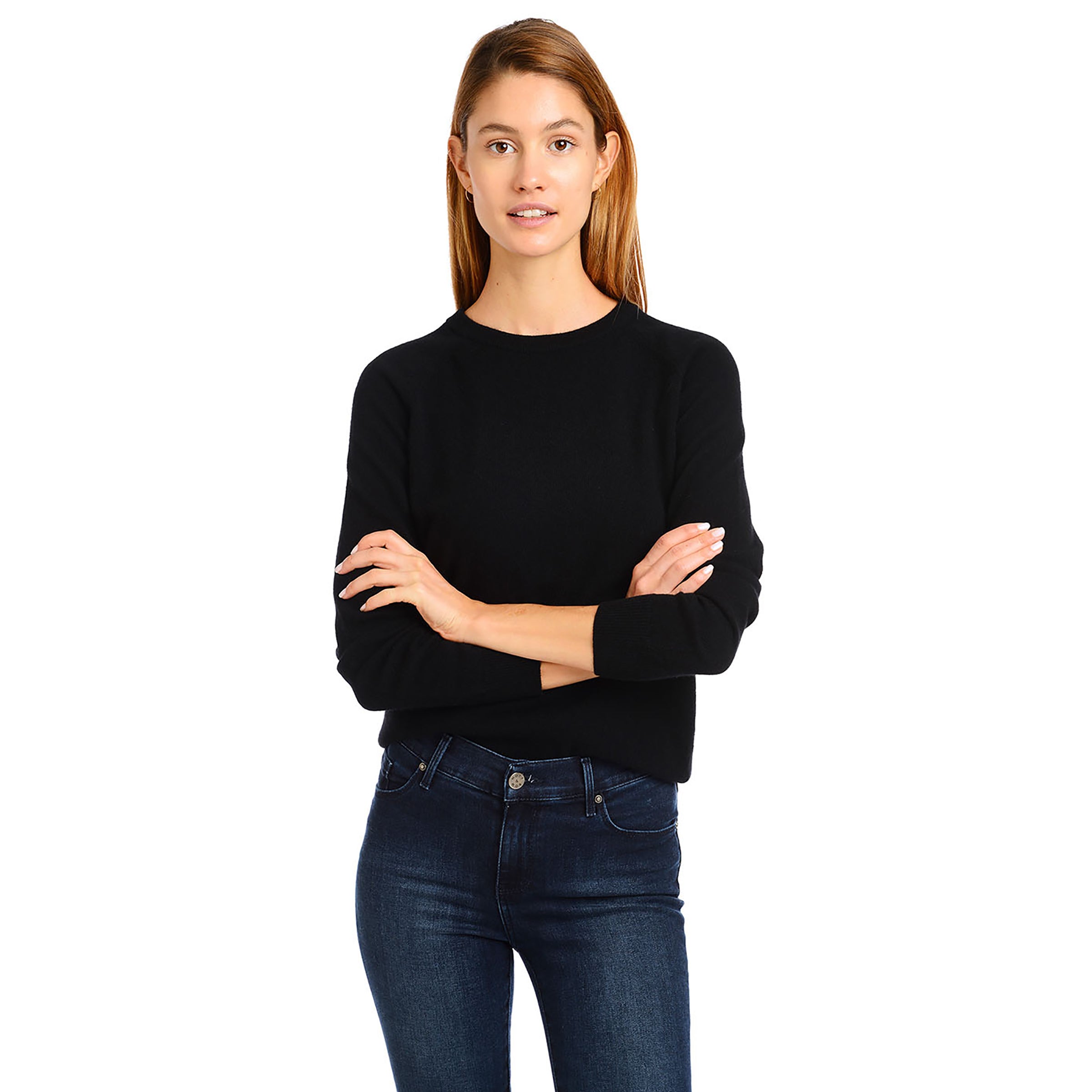 Women wearing Black Cashmere Raglan Crew Cambridge Sweater