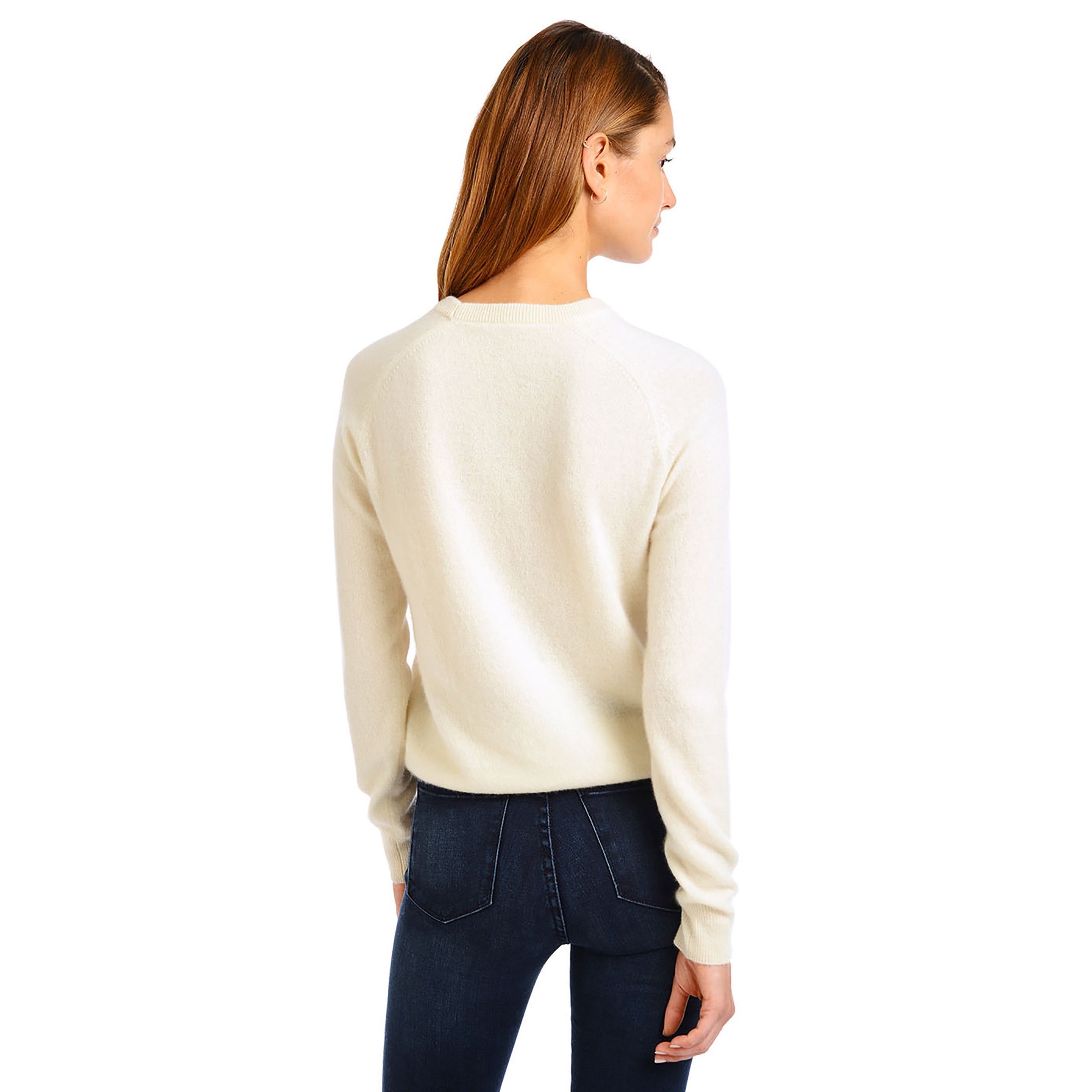 Women wearing Cream Cashmere Raglan Crew Cambridge Sweater