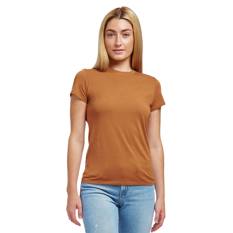 Women wearing Cardamom Fitted Crew Marcy Tee