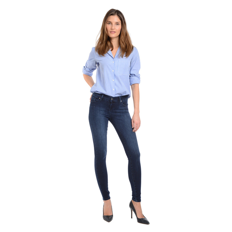 Women wearing Medium/Dark Blue Mid Rise Skinny Moore Jeans