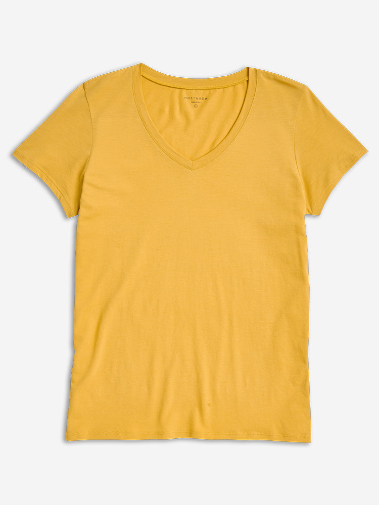 Women wearing Golden Brown Fitted V-Neck Marcy Tee