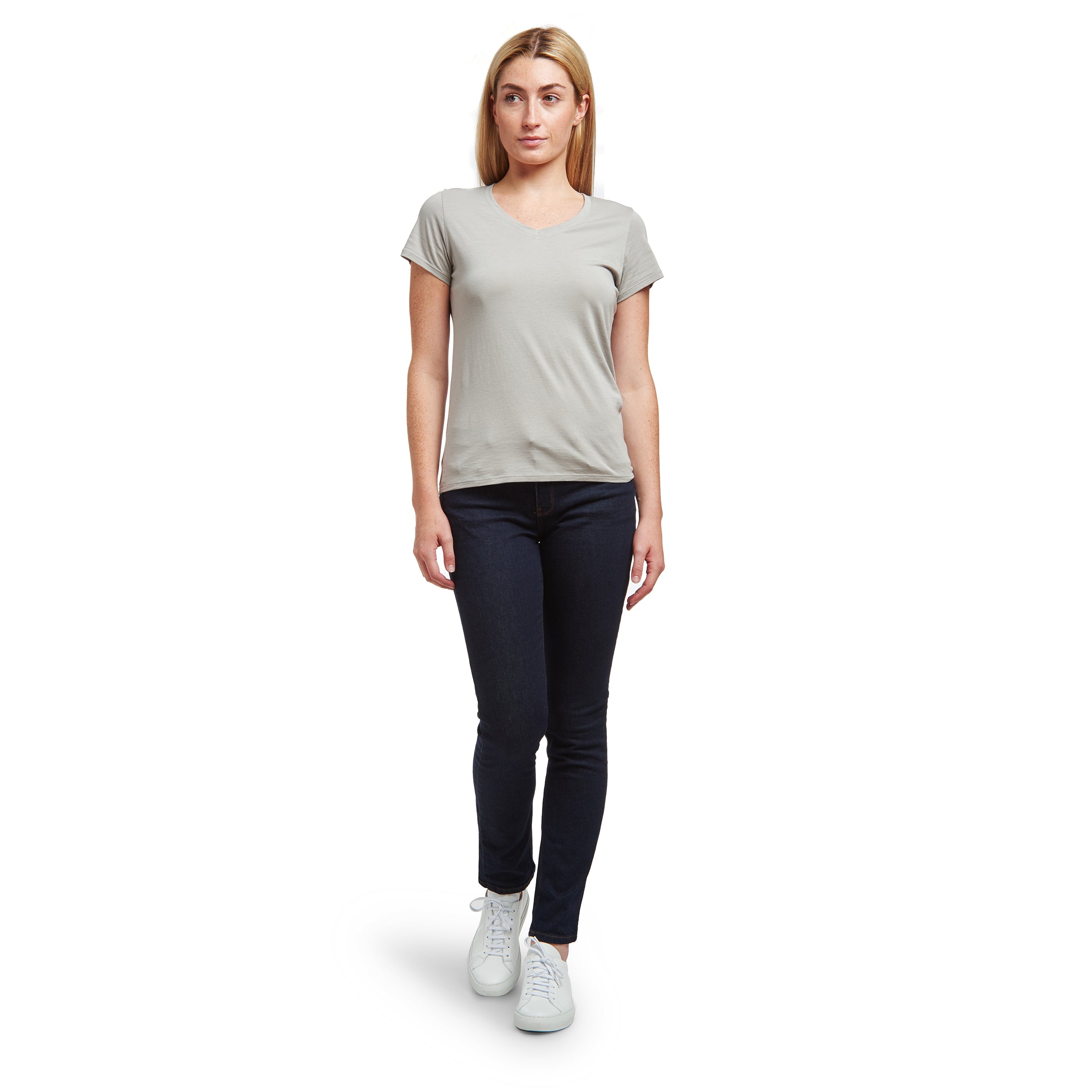 Women wearing Light Gray Fitted V-Neck Marcy Tee