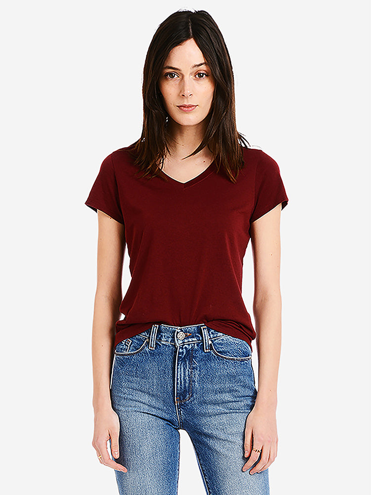 Women wearing Crimson Fitted V-Neck Marcy Tee