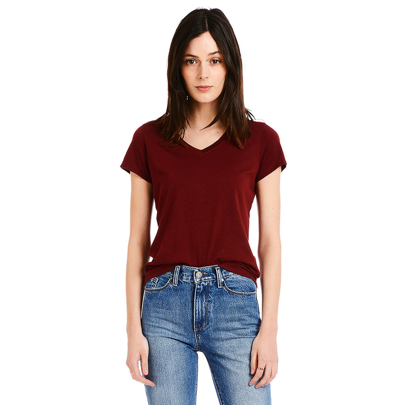 Women wearing Crimson Fitted V-Neck Marcy Tee