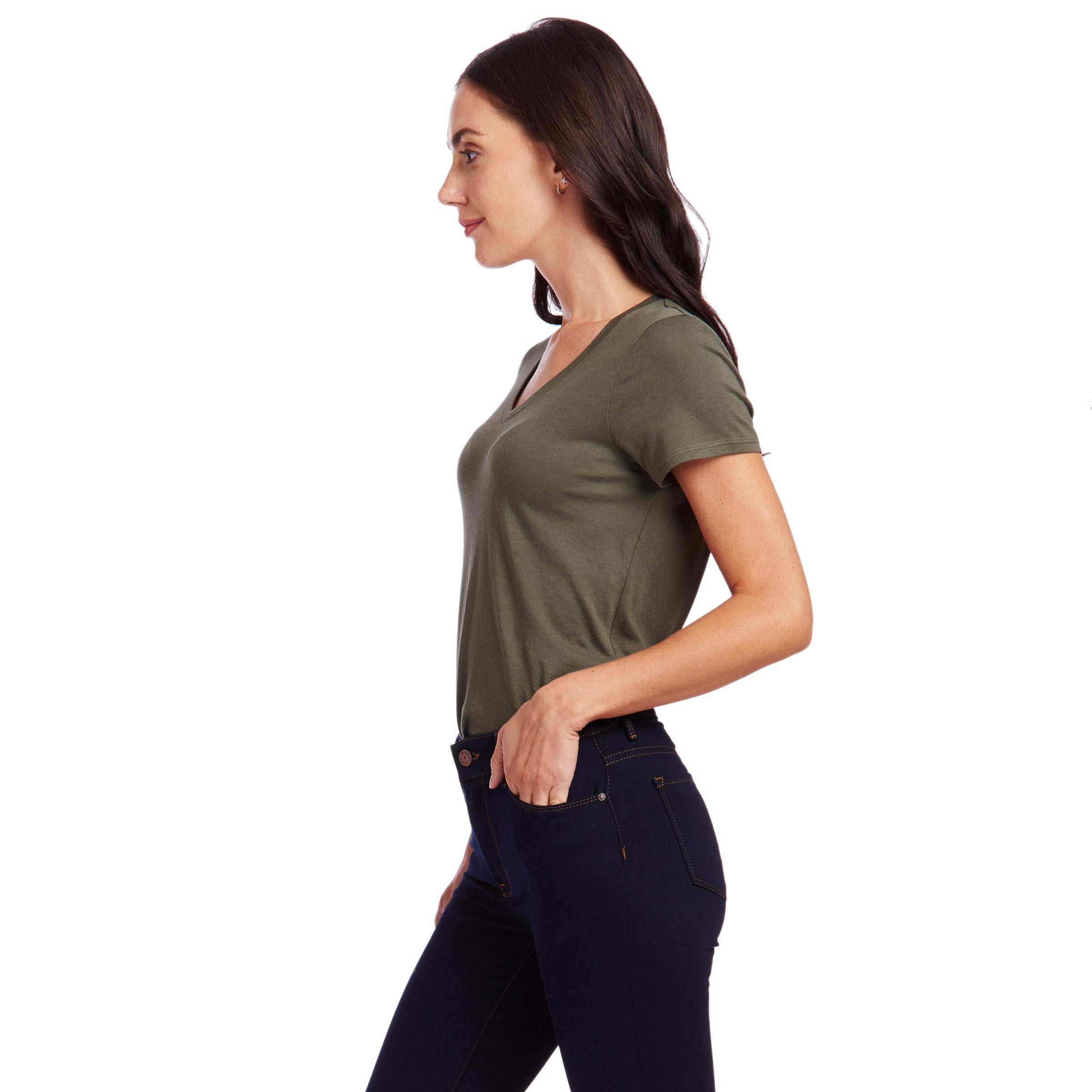Women wearing Verde militar Fitted V-Neck Marcy Tee