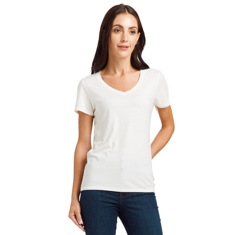 Women wearing Vintage White Fitted V-Neck Marcy Tee