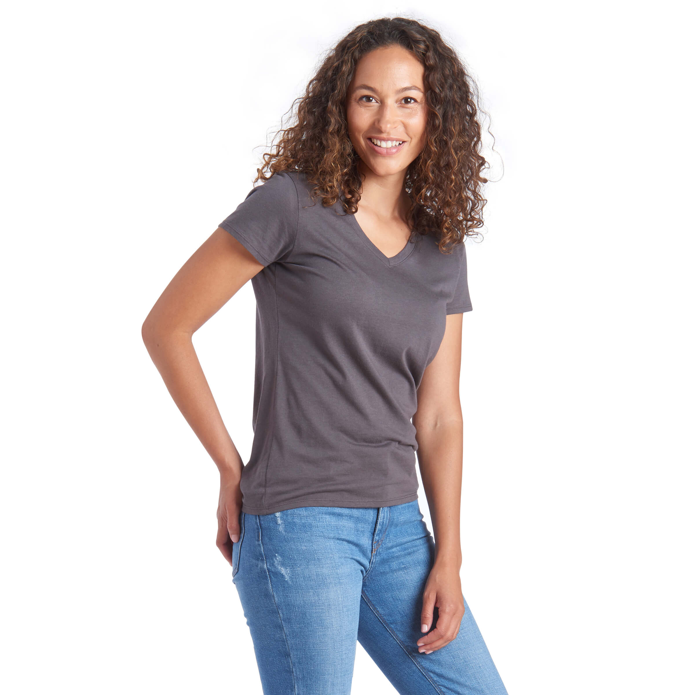 Women wearing Gris Nuit Fitted V-Neck Marcy Tee