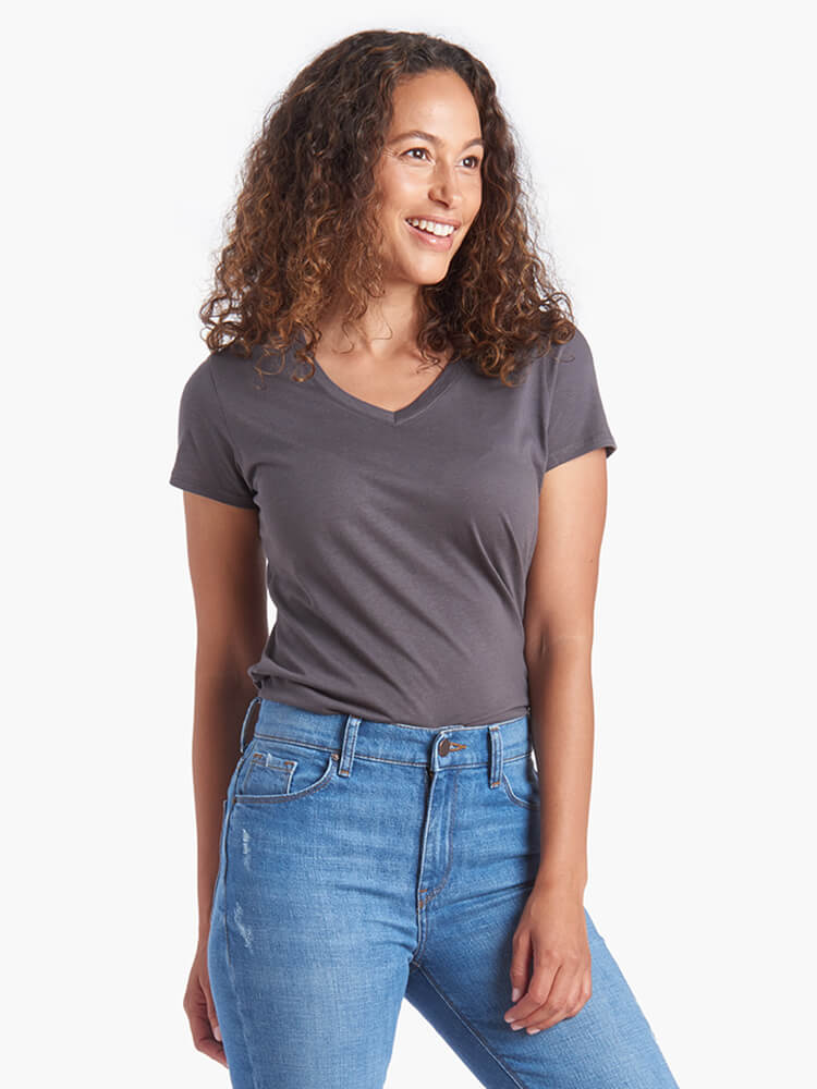  wearing Vintage Navy. deactivated Fitted V-Neck Marcy Tee - Pre Order