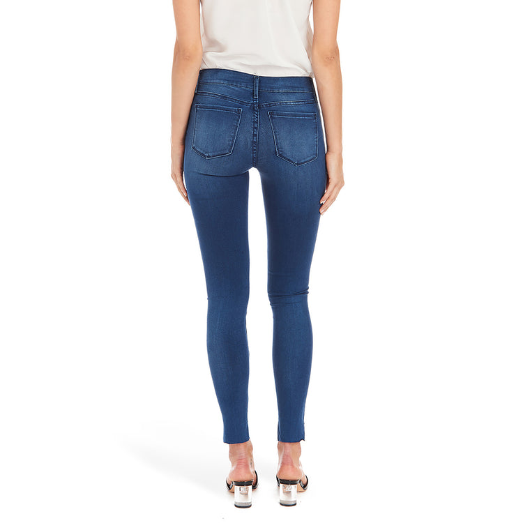 Women wearing Medium Blue w/ Uneven Hem Mid Rise Skinny Ann Jeans