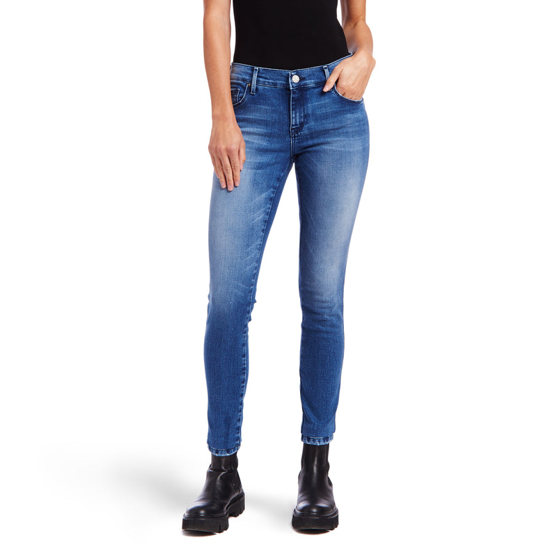 Women wearing Medium Blue Mid Rise Skinny Moore Jeans