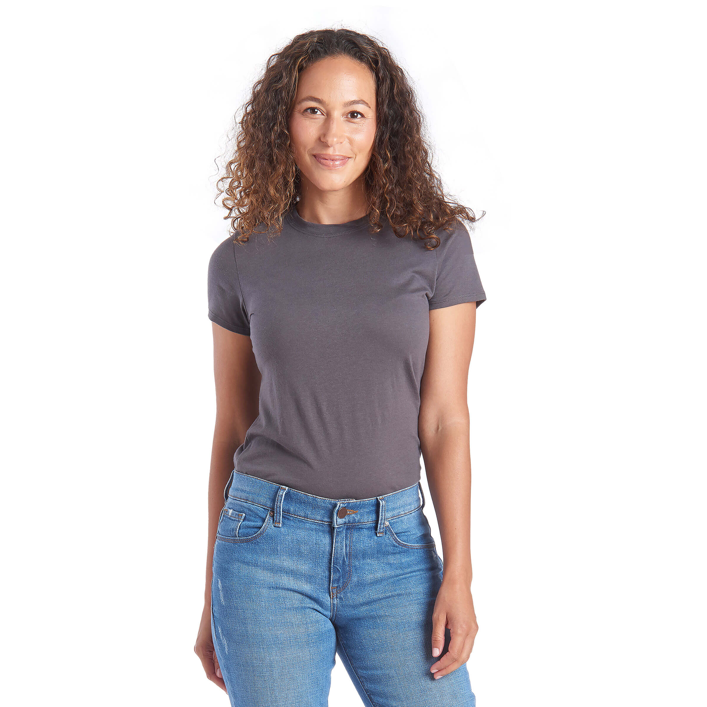 Women wearing Gris Nuit Fitted Crew Marcy Tee